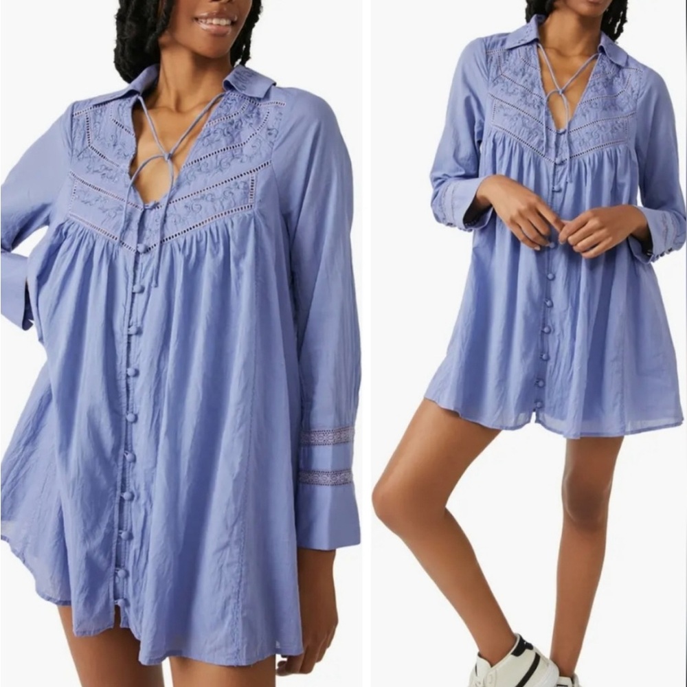 NWT new free people haddie cotton purple boho mini dress long sleeve small S